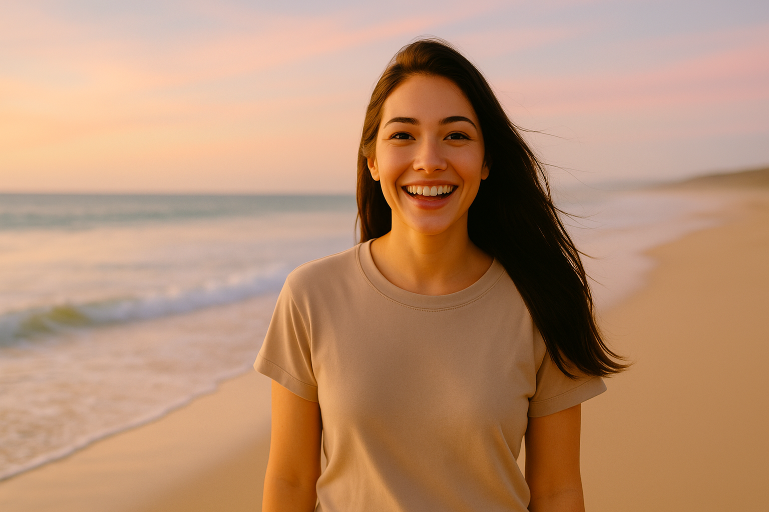 Woman smiling at the beach with phone in hand
