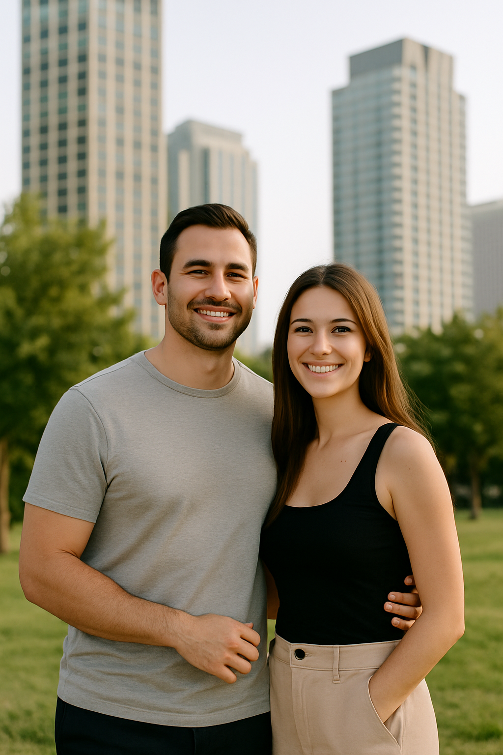 Couple looking at city skyline representing long-term wealth building